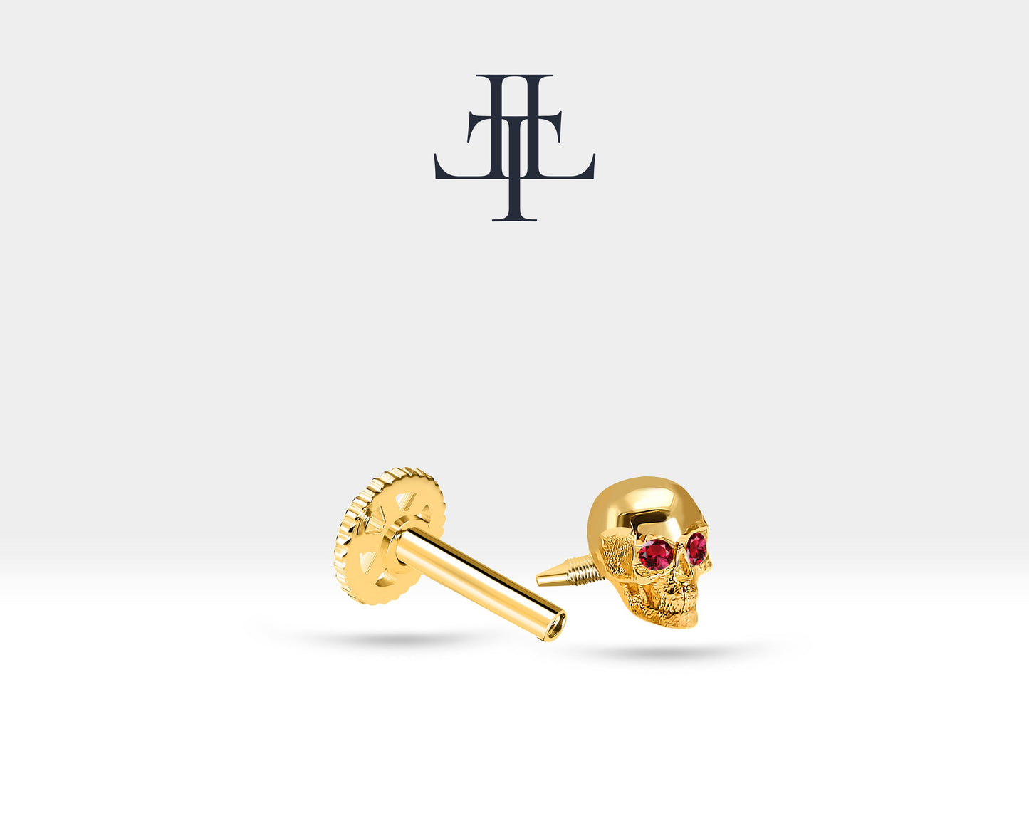 Yakutlu Kuru Kafa Piercing, 8 MM , 1.2 MM, 14K Sarı-Beyaz-Kırmızı Altın | LP00011R