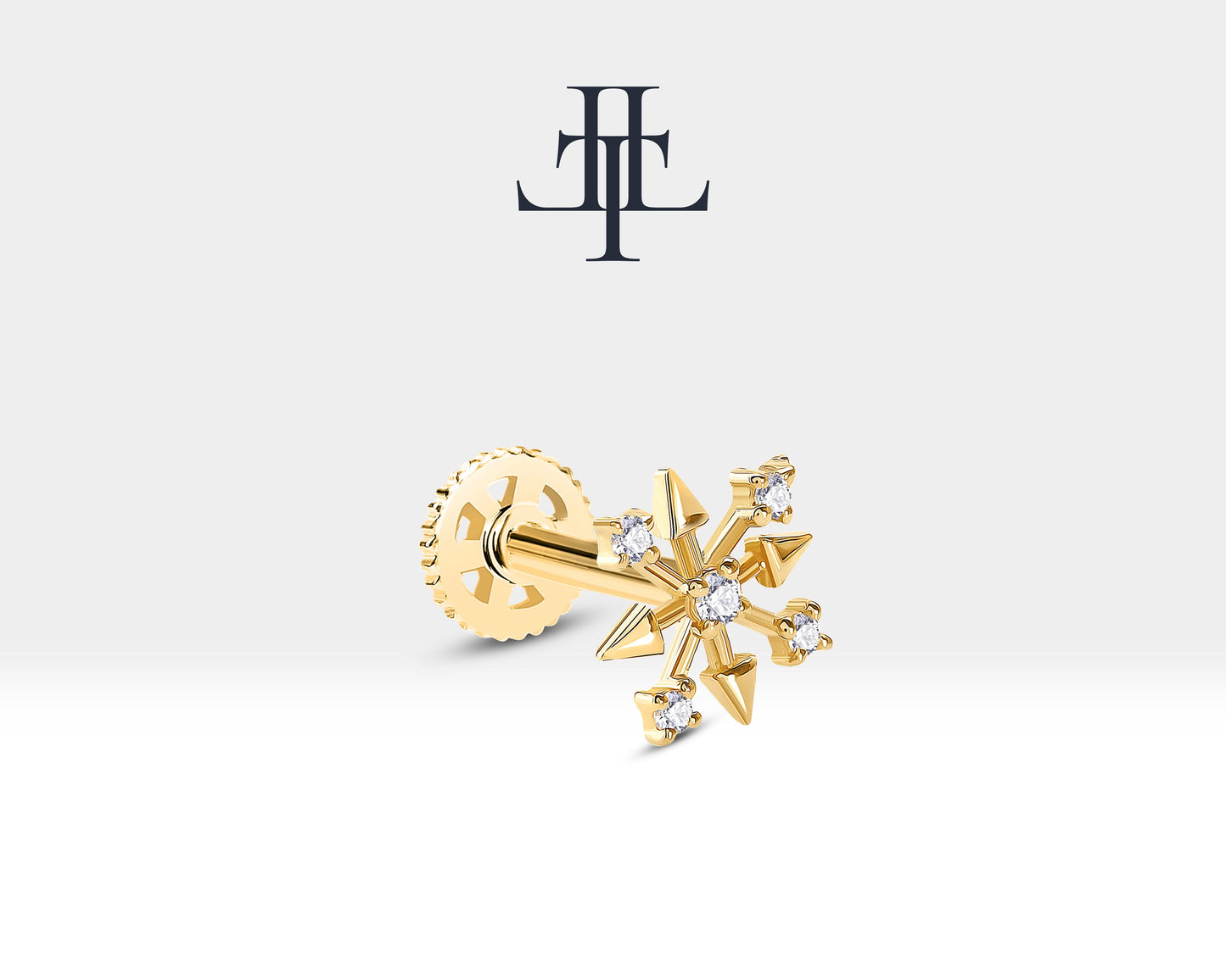 Pırlantalı Kar Tanesi Piercing, 8 MM , 1.2 MM, 14K Sarı-Beyaz-Kırmızı Altın | LP00007D