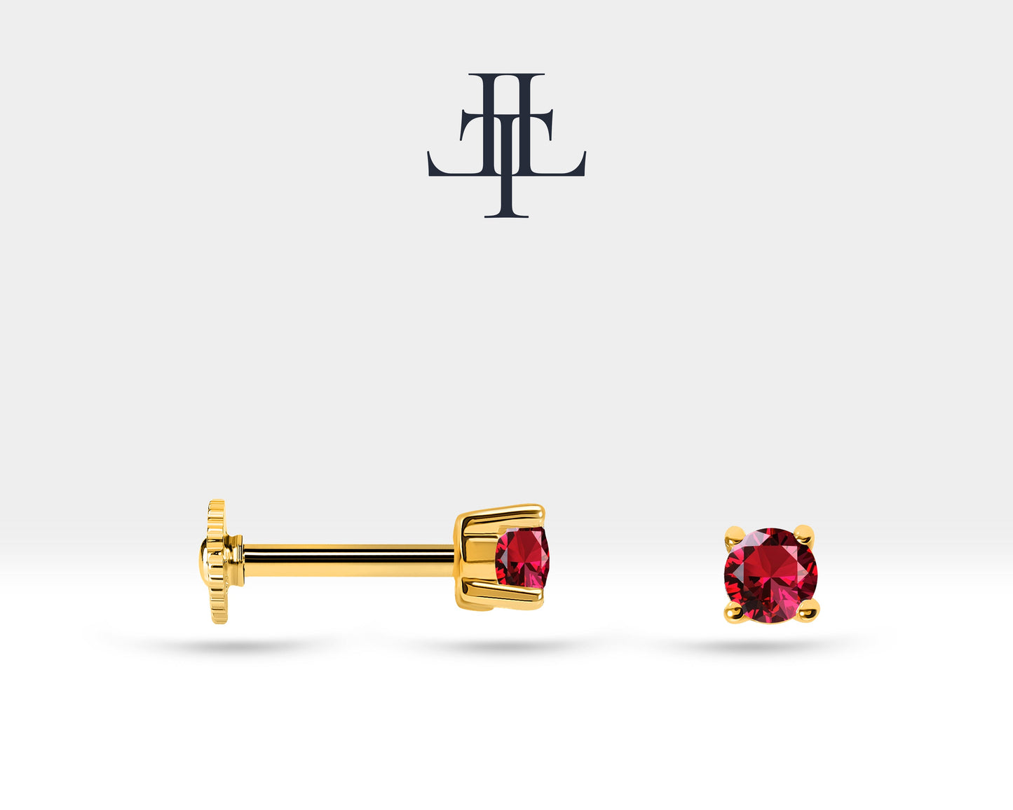 Tek Taş Yakut Piercing, 8 MM , 1.2 MM, 14K Sarı-Beyaz-Kırmızı Altın | LP00018R