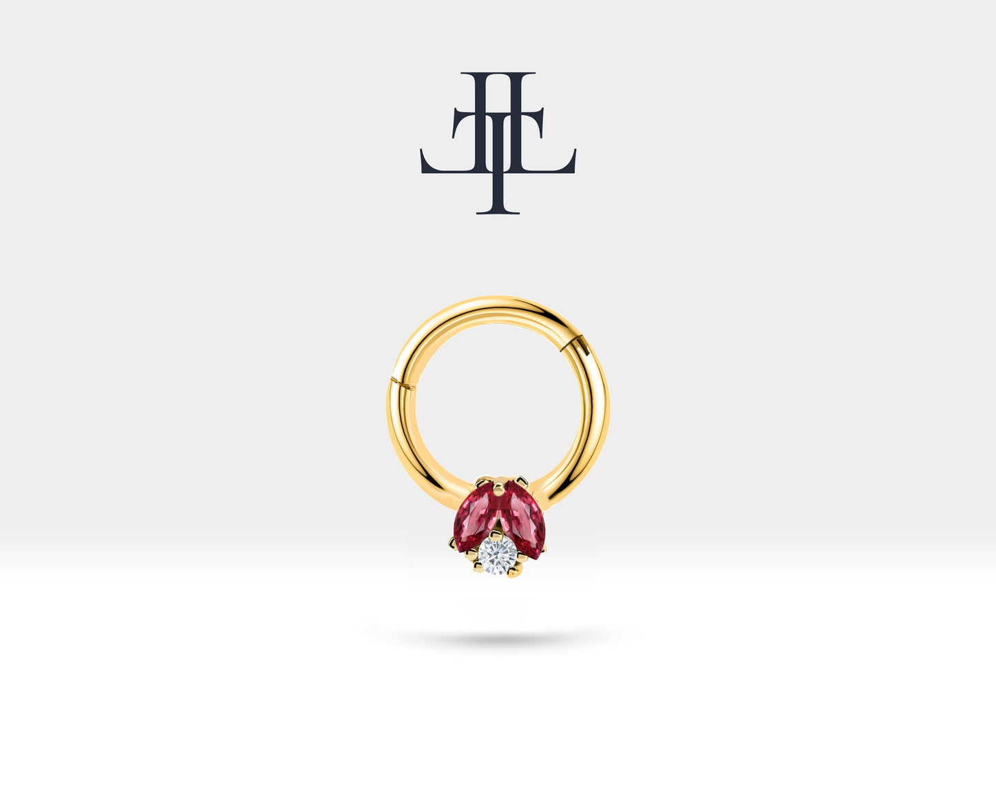 İkili Markiz Yakut ve Pırlantalı Halka Piercing, 10 MM , 1.2 MM, 14K Sarı-Beyaz-Kırmızı Altın | LC00025RD