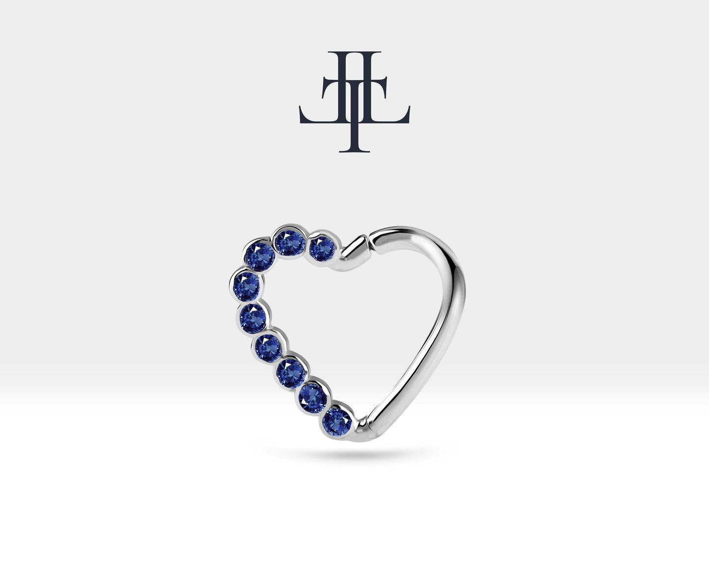 Dizi Safirli Kalp Halka Piercing, 13 MM , 1.2 MM, 14K Sarı-Beyaz-Kırmızı Altın | LC00017S