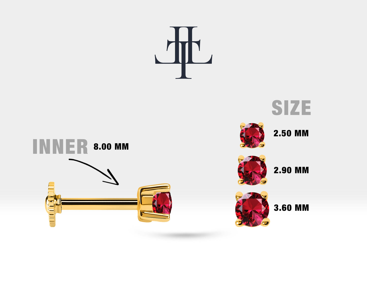 Tek Taş Yakut Piercing, 8 MM , 1.2 MM, 14K Sarı-Beyaz-Kırmızı Altın | LP00018R