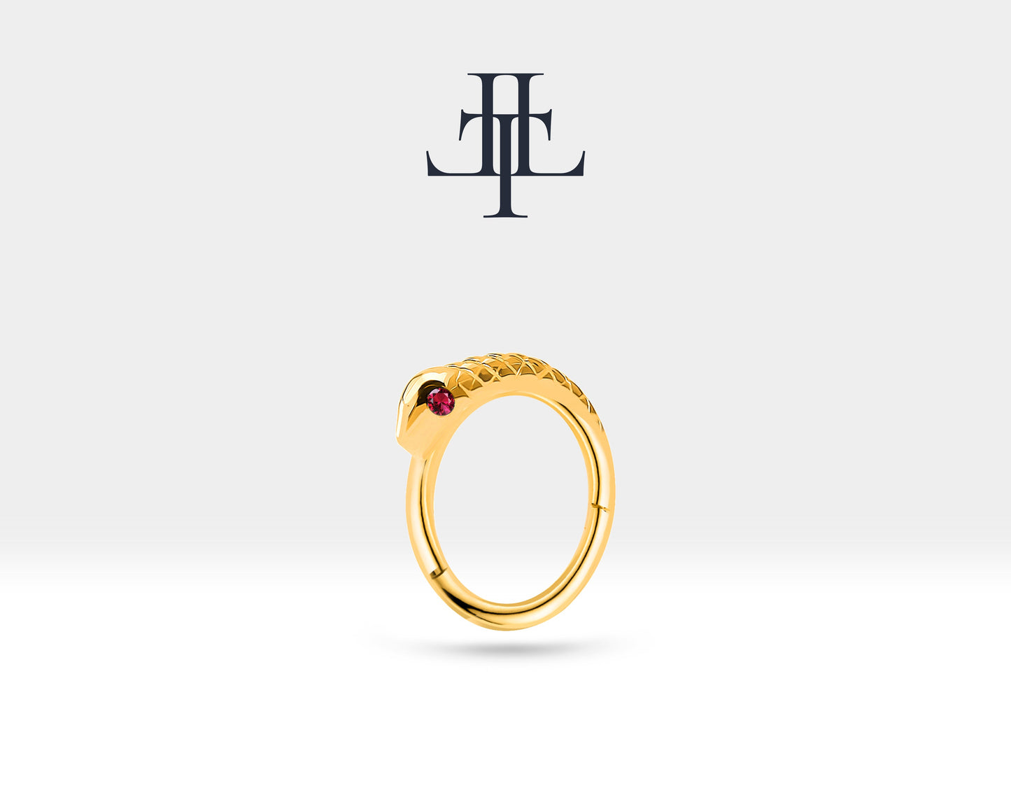 Yılanlı Yakutlu Halka Piercing, 12 MM , 1.2 MM, 14K Sarı-Beyaz-Kırmızı Altın | LC00014R