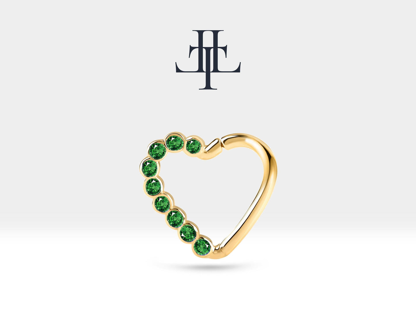Dizi Yeşil Garnetlı Kalp Halka Piercing, 13 MM , 1.2 MM, 14K Sarı-Beyaz-Kırmızı Altın | LC00017G