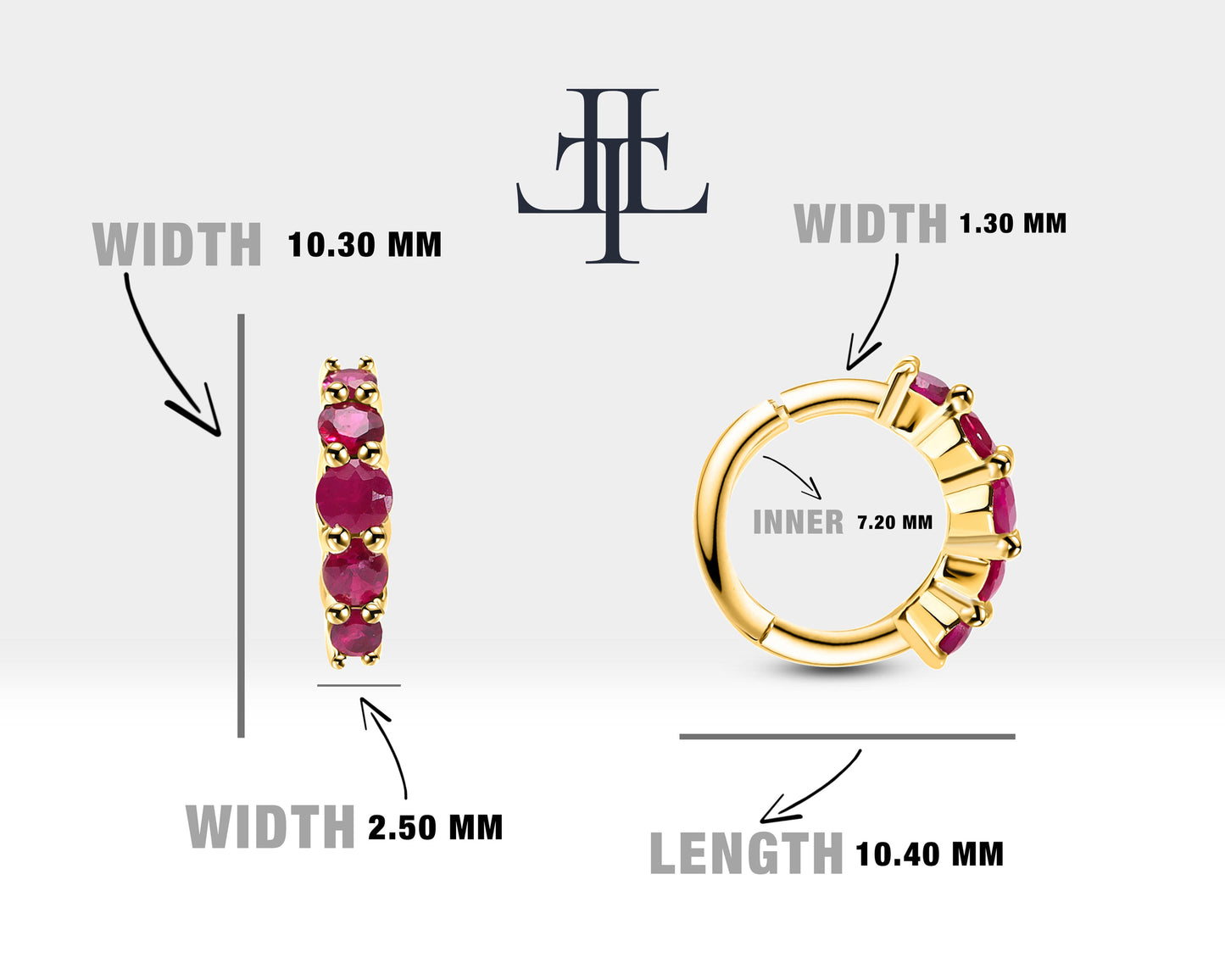 Beş Taş Yakutlu Halka Piercing Küpe, 11 MM , 1.2 MM, 14K Sarı-Beyaz-Kırmızı Altın | LE00005R