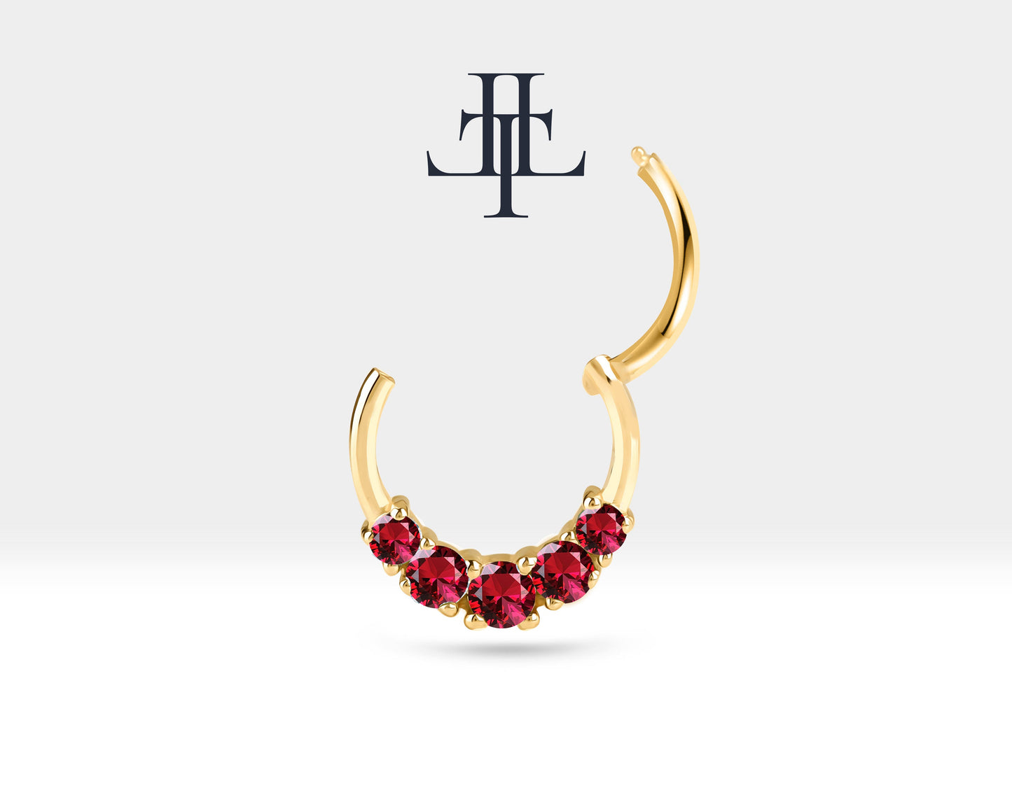 Beş Taşlı Yakutlu Halka Piercing, 12 MM , 1.2 MM, 14K Sarı-Beyaz-Kırmızı Altın | LC00020R