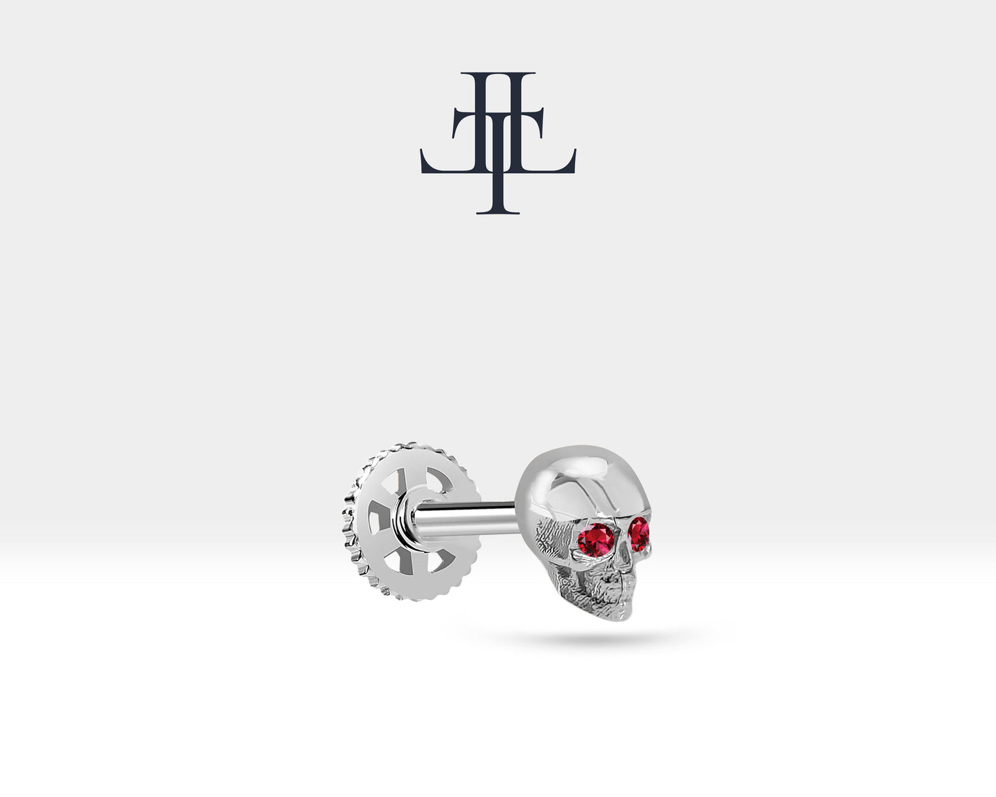 Yakutlu Kuru Kafa Piercing, 8 MM , 1.2 MM, 14K Sarı-Beyaz-Kırmızı Altın | LP00011R