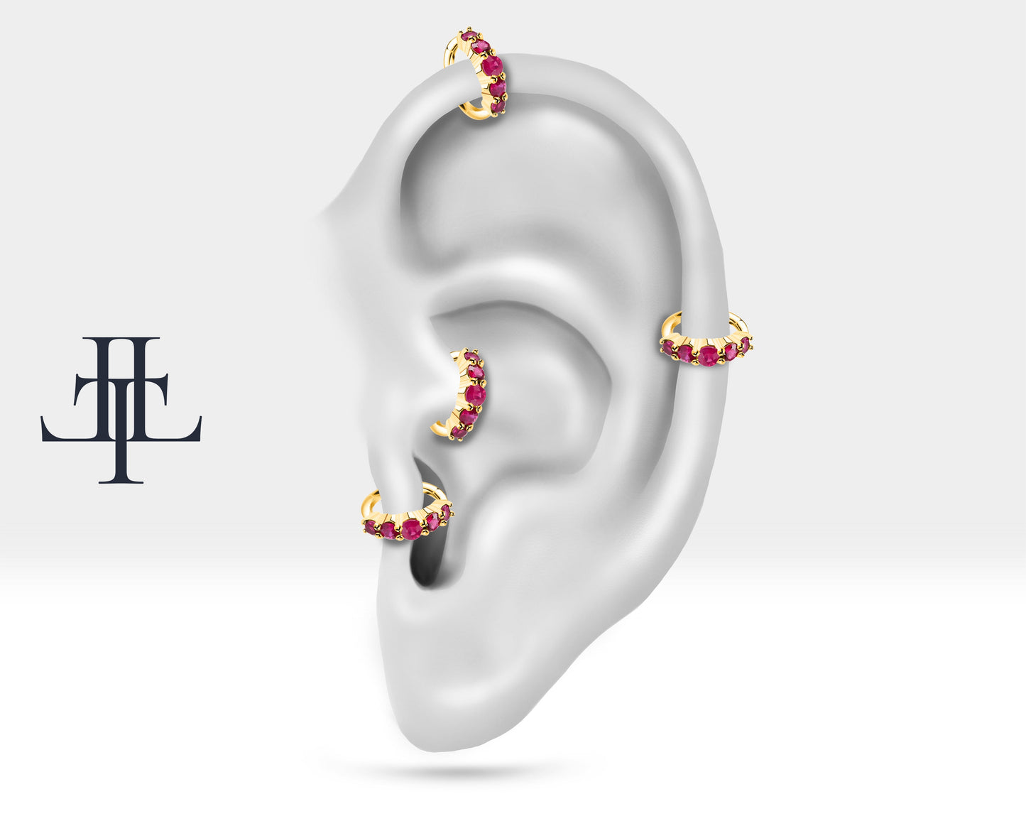 Beş Taş Yakutlu Halka Piercing Küpe, 11 MM , 1.2 MM, 14K Sarı-Beyaz-Kırmızı Altın | LE00005R