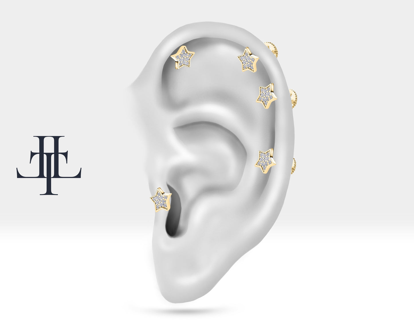 Yıldız Pırlantalı Piercing, 8 MM , 1.2 MM, 14K Sarı-Beyaz-Kırmızı Altın | LP00019D