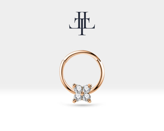 Yonca Pırlantalı Halka Piercing, 10 MM , 1.2 MM, 14K Sarı-Beyaz-Kırmızı Altın | LC00015D