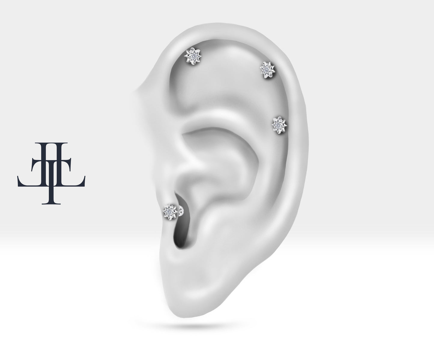 İştar Yıldızı Pırlantalı Piercing, 8 MM , 1.2 MM, 14K Sarı-Beyaz-Kırmızı Altın | LP00016D