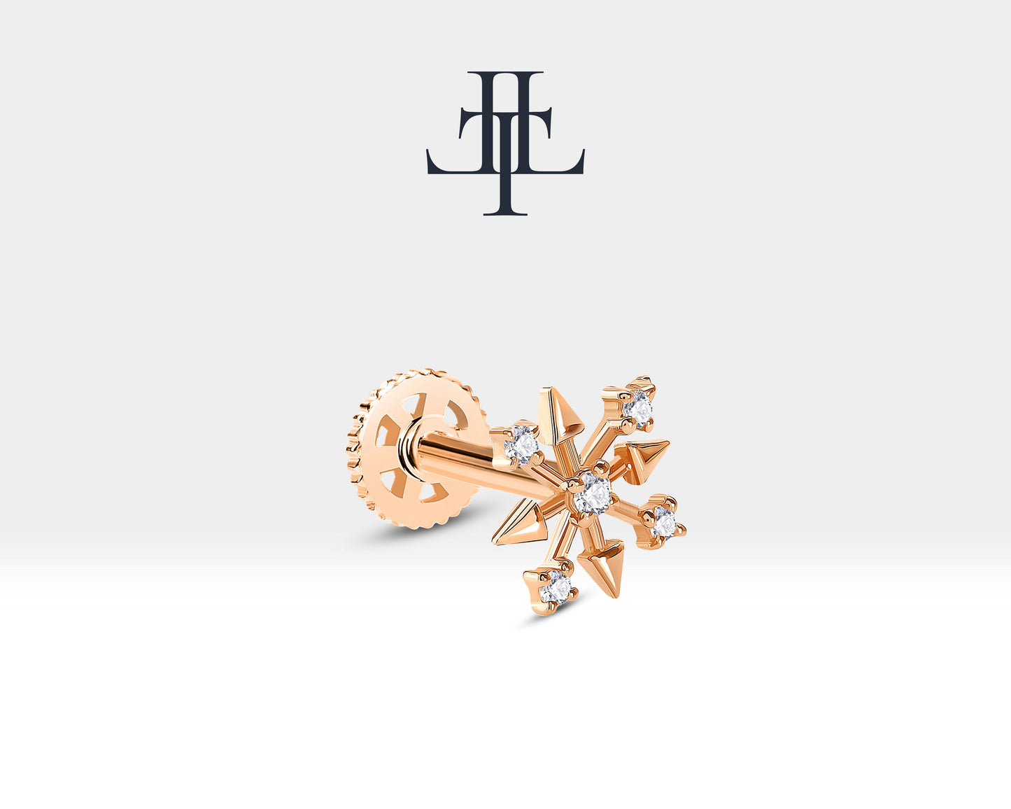 Pırlantalı Kar Tanesi Piercing, 8 MM , 1.2 MM, 14K Sarı-Beyaz-Kırmızı Altın | LP00007D