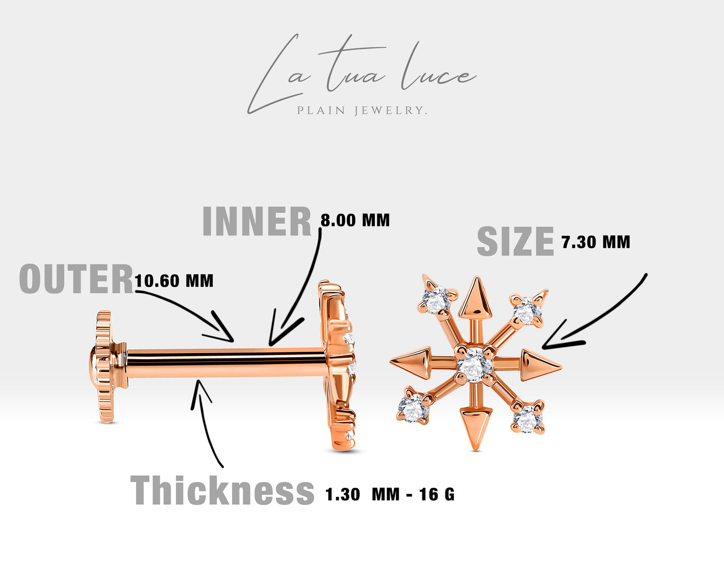 Pırlantalı Kar Tanesi Piercing, 8 MM , 1.2 MM, 14K Sarı-Beyaz-Kırmızı Altın | LP00007D