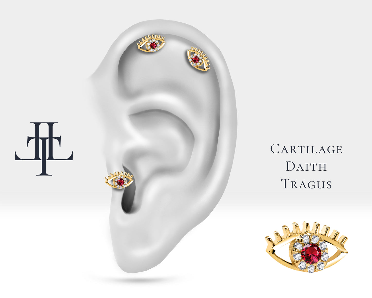 Yakutlu Göz ve Pırlantalı Piercing, 8 MM , 1.2 MM, 14K Sarı-Beyaz-Kırmızı Altın | LP00013R