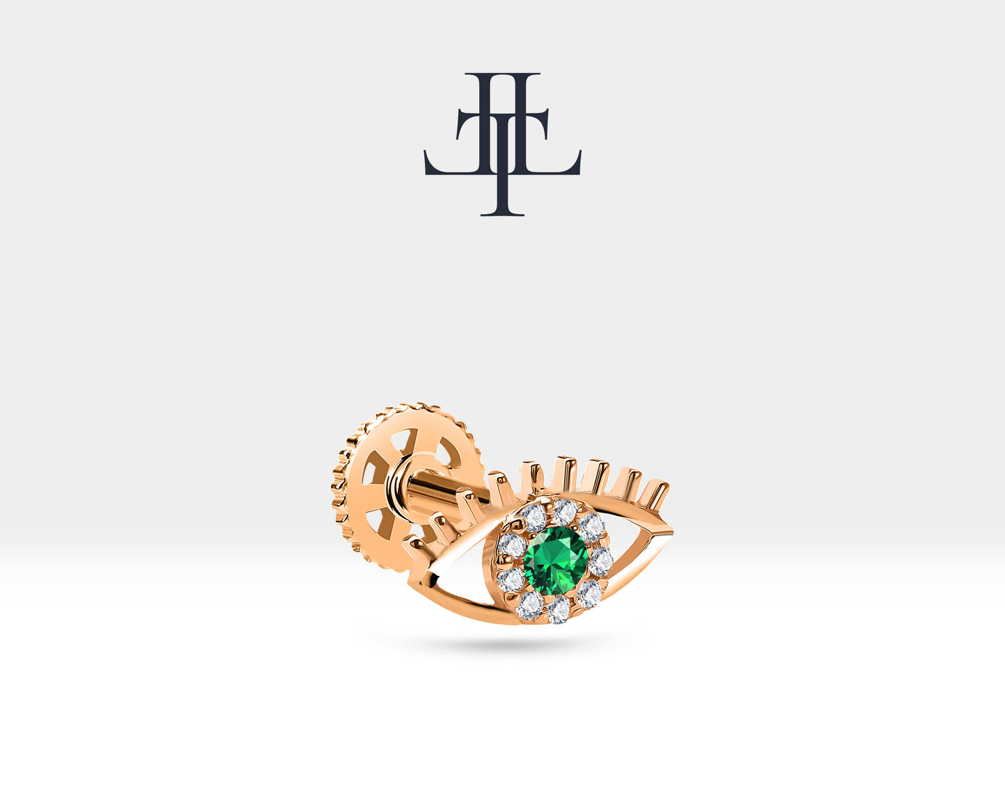 Yeşil Garnetlı Göz ve Pırlantalı Piercing, 8 MM , 1.2 MM, 14K Sarı-Beyaz-Kırmızı Altın | LP00013G