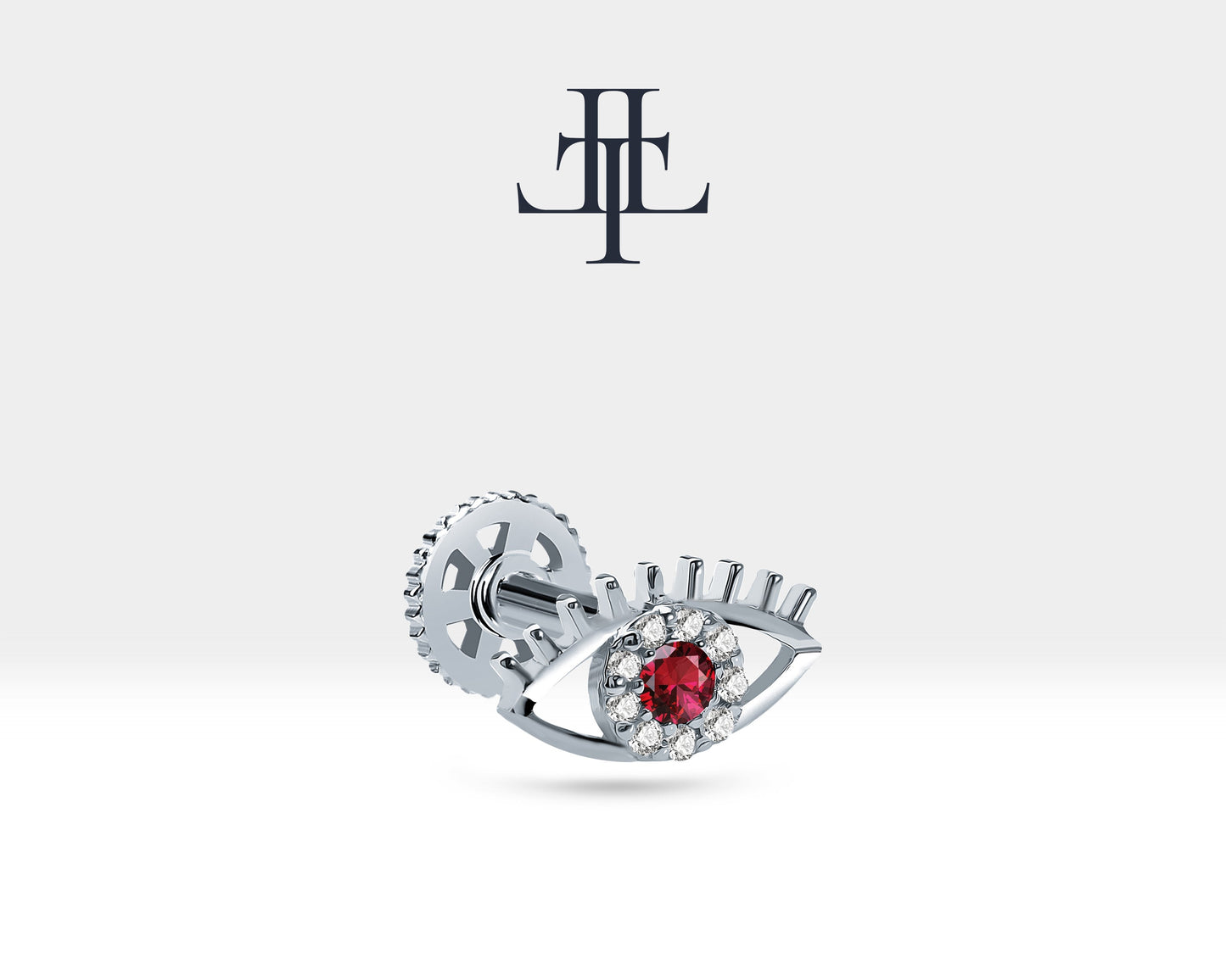 Yakutlu Göz ve Pırlantalı Piercing, 8 MM , 1.2 MM, 14K Sarı-Beyaz-Kırmızı Altın | LP00013R