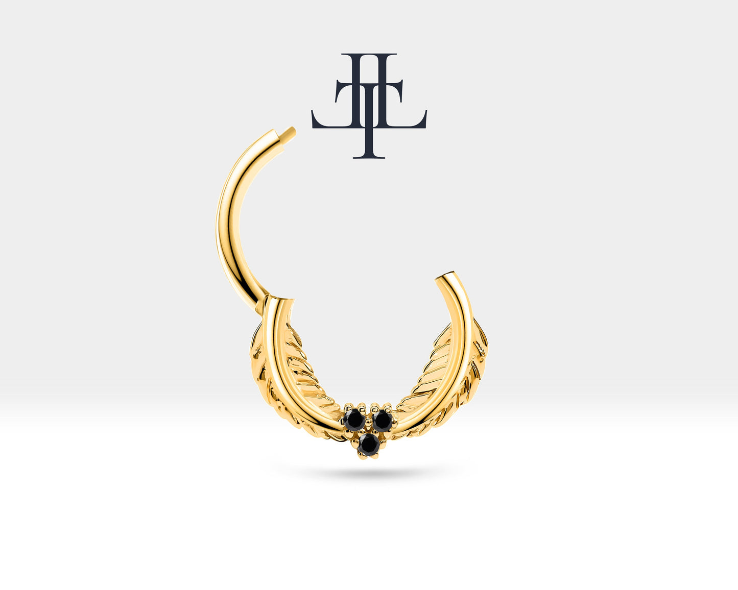 Yaprak Motifli Siyah Pırlantalı Halka Piercing, 12 MM , 1.2 MM, 14K Sarı-Beyaz-Kırmızı Altın | LC00003B