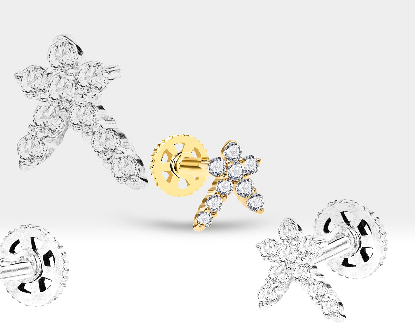 Pırlantalı Kuyruklu Yıldızı Piercing, 8 MM , 1.2 MM, 14K Sarı-Beyaz-Kırmızı Altın | LP00002D