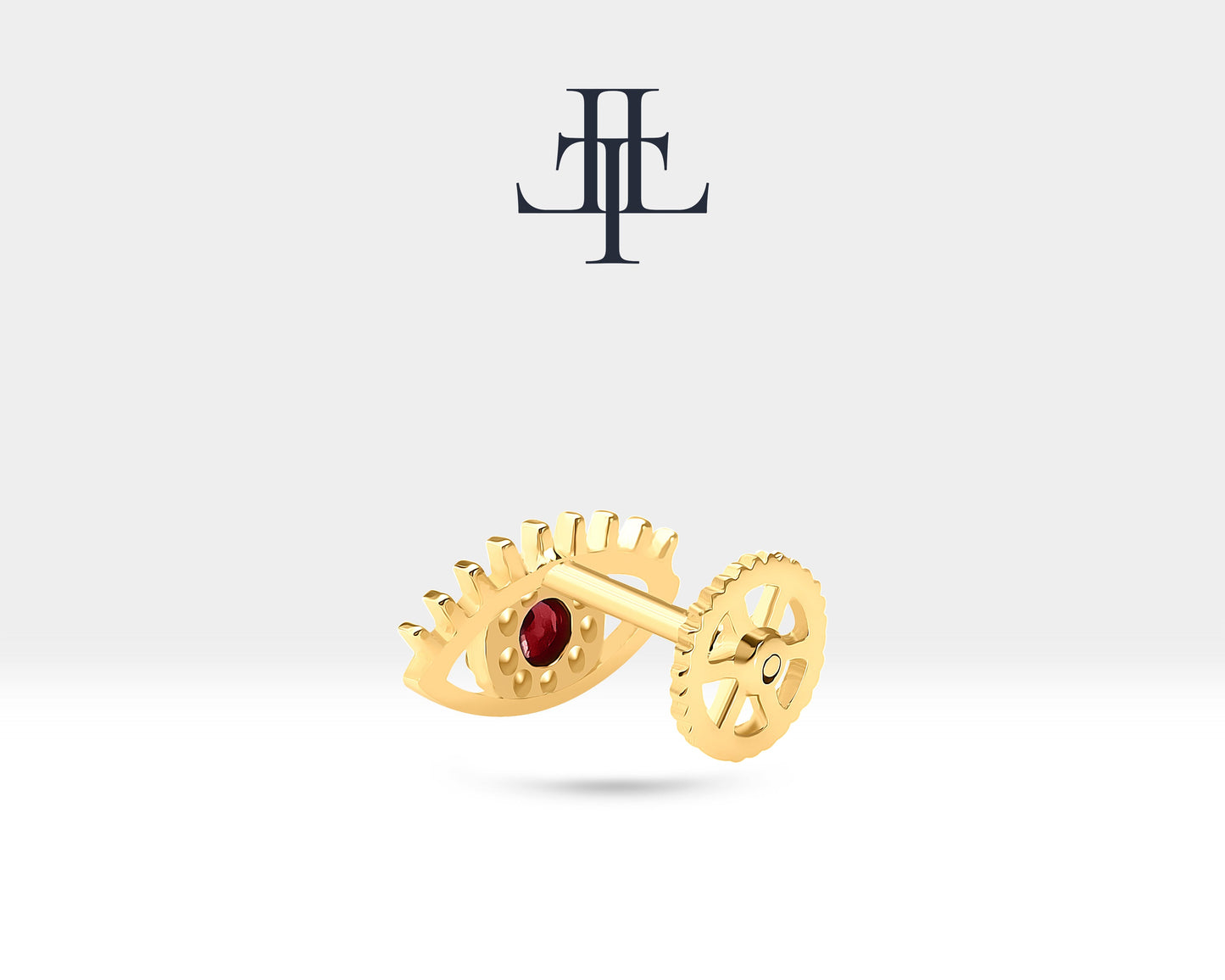 Yakutlu Göz ve Pırlantalı Piercing, 8 MM , 1.2 MM, 14K Sarı-Beyaz-Kırmızı Altın | LP00013R