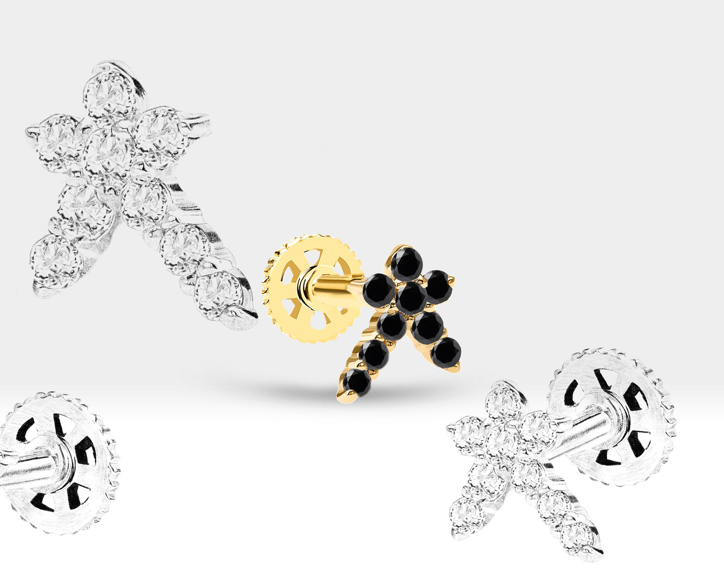 Siyah Pırlantalı Kuyruklu Yıldızı Piercing, 8 MM , 1.2 MM, 14K Sarı-Beyaz-Kırmızı Altın | LP00002B