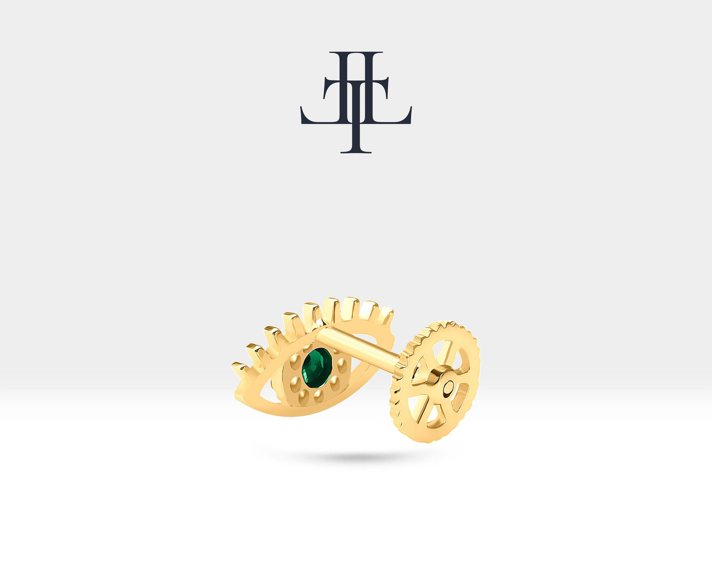 Yeşil Garnetlı Göz ve Pırlantalı Piercing, 8 MM , 1.2 MM, 14K Sarı-Beyaz-Kırmızı Altın | LP00013G