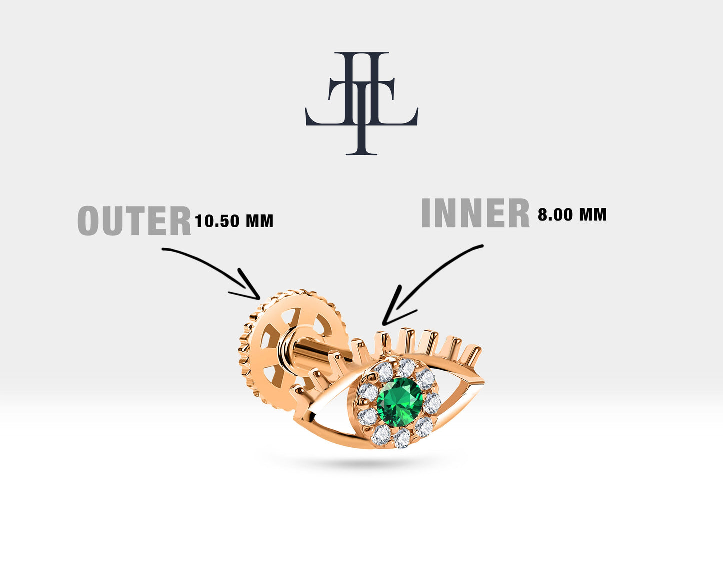 Yeşil Garnetlı Göz ve Pırlantalı Piercing, 8 MM , 1.2 MM, 14K Sarı-Beyaz-Kırmızı Altın | LP00013G