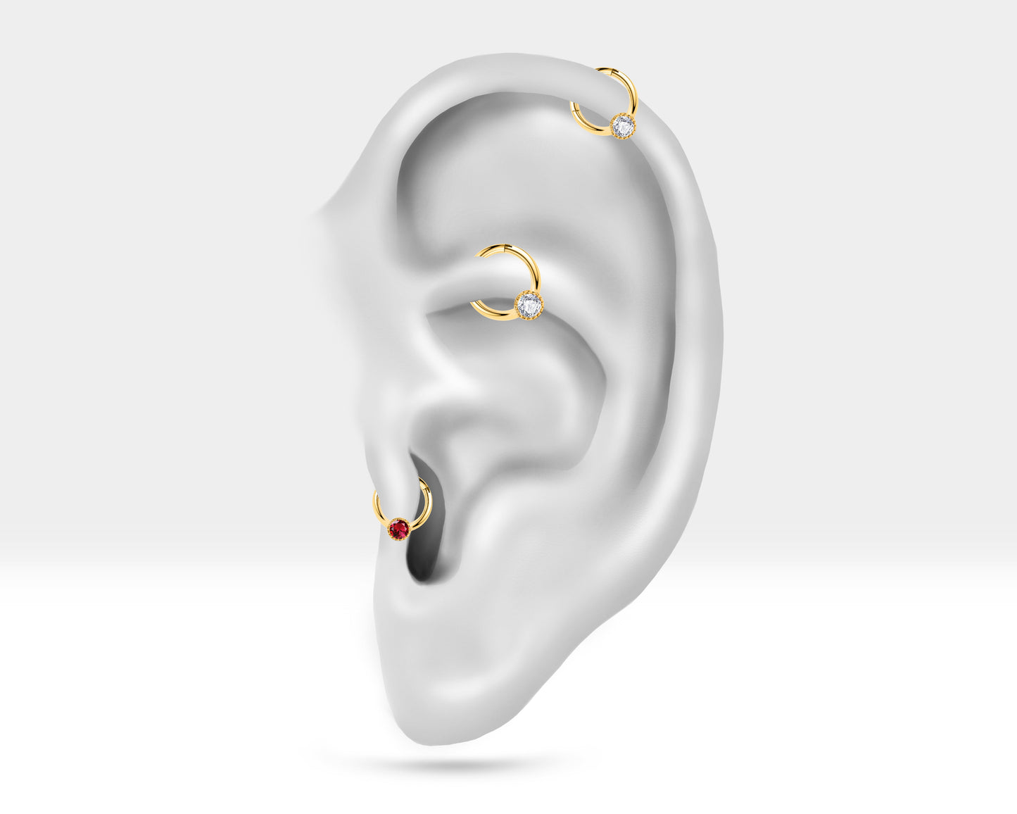 Yuvarlak Yakutlu Halka Piercing, 10 MM , 1.2 MM, 14K Sarı-Beyaz-Kırmızı Altın | LC00050R