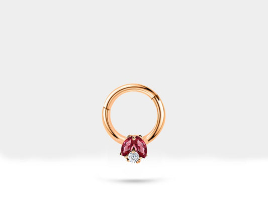 İkili Markiz Yakut ve Pırlantalı Halka Piercing, 10 MM , 1.2 MM, 14K Sarı-Beyaz-Kırmızı Altın | LC00025RD