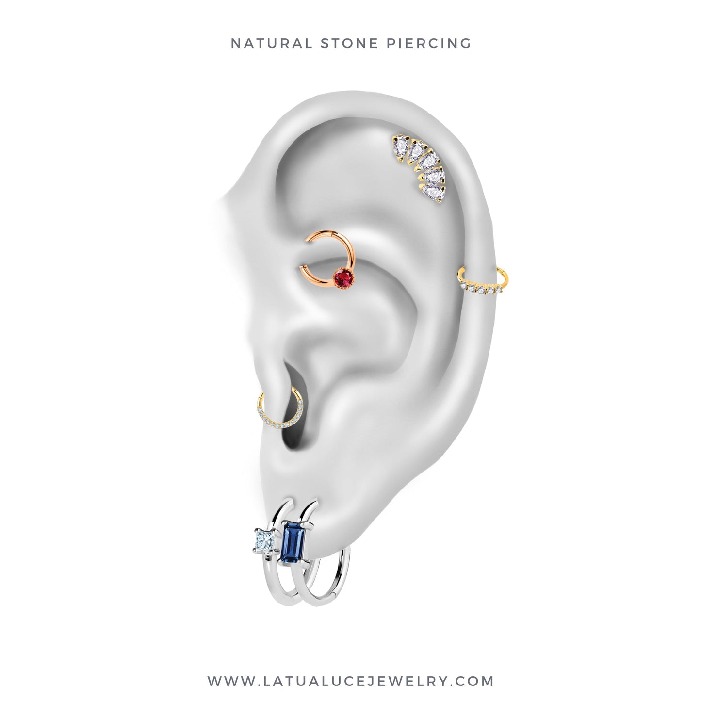 Yuvarlak Yakutlu Halka Piercing, 10 MM , 1.2 MM, 14K Sarı-Beyaz-Kırmızı Altın | LC00050R