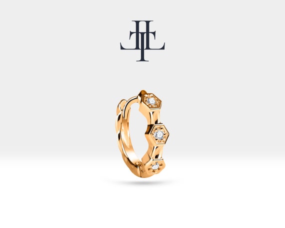 Pırlantalı Altıgen Motifli Küpe, 9.50 MM , 14K Sarı-Beyaz-Kırmızı Altın | LE00016D