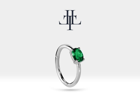 Oval Zümrüt Halka Piercing Küpe, 12 MM , 1.2 MM, 14K Sarı-Beyaz-Kırmızı Altın | LE00007E