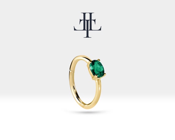 Oval Zümrüt Halka Piercing Küpe, 12 MM , 1.2 MM, 14K Sarı-Beyaz-Kırmızı Altın | LE00007E