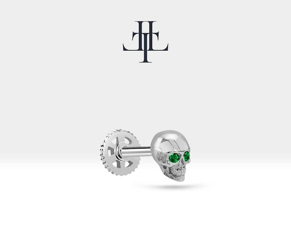 Yeşil Garnetlı Kuru Kafa Piercing, 8 MM , 1.2 MM, 14K Sarı-Beyaz-Kırmızı Altın | LP00011G