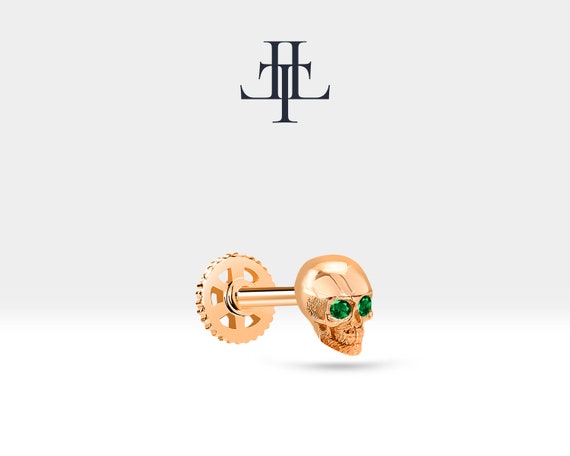 Yeşil Garnetlı Kuru Kafa Piercing, 8 MM , 1.2 MM, 14K Sarı-Beyaz-Kırmızı Altın | LP00011G
