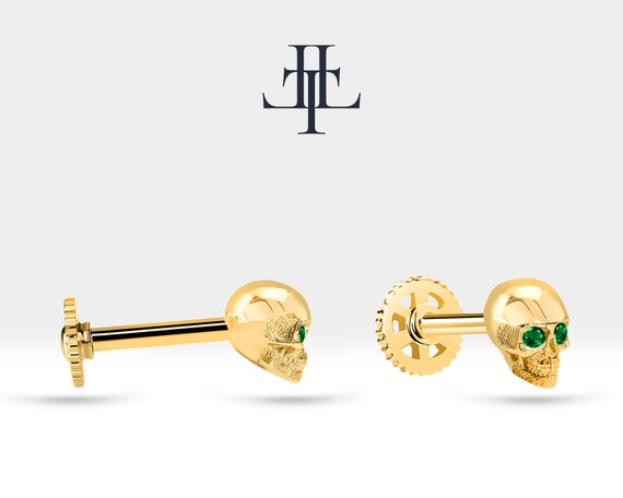 Yeşil Garnetlı Kuru Kafa Piercing, 8 MM , 1.2 MM, 14K Sarı-Beyaz-Kırmızı Altın | LP00011G