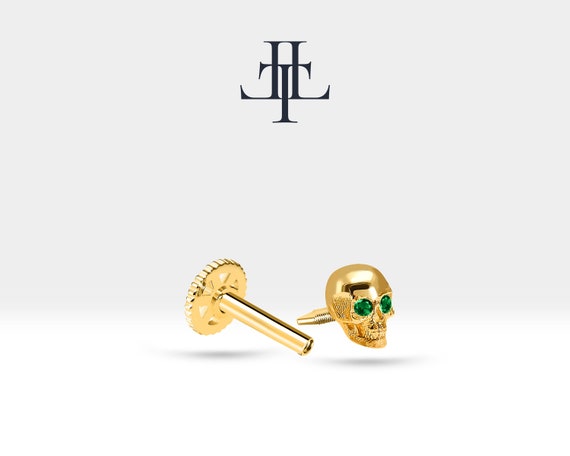 Yeşil Garnetlı Kuru Kafa Piercing, 8 MM , 1.2 MM, 14K Sarı-Beyaz-Kırmızı Altın | LP00011G