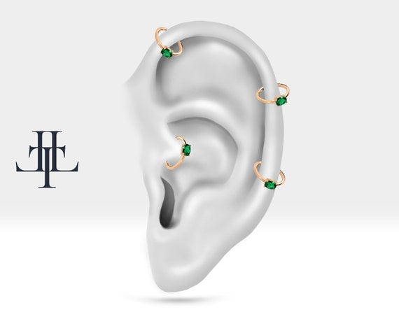 Oval Zümrüt Halka Piercing Küpe, 12 MM , 1.2 MM, 14K Sarı-Beyaz-Kırmızı Altın | LE00007E