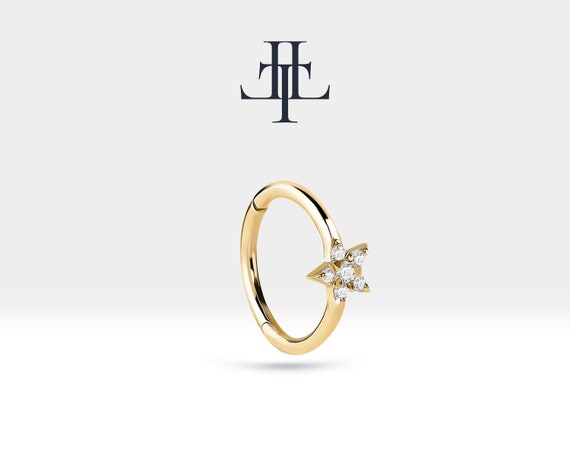 Pırlanta Yıldız Halka Piercing Küpe, 12 MM , 1.2 MM, 14K Sarı-Beyaz-Kırmızı Altın | LE00031D