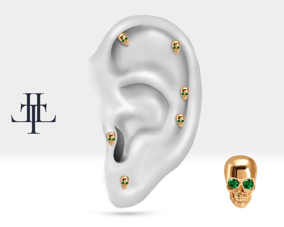 Yeşil Garnetlı Kuru Kafa Piercing, 8 MM , 1.2 MM, 14K Sarı-Beyaz-Kırmızı Altın | LP00011G