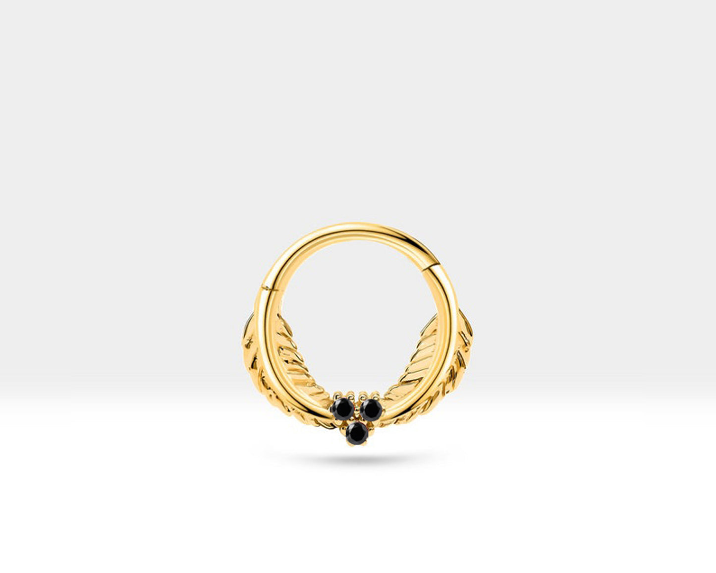 Yaprak Motifli Siyah Pırlantalı Halka Piercing, 12 MM , 1.2 MM, 14K Sarı-Beyaz-Kırmızı Altın | LC00003B