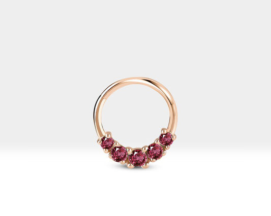 Beş Taşlı Yakutlu Halka Piercing, 12 MM , 1.2 MM, 14K Sarı-Beyaz-Kırmızı Altın | LC00020R