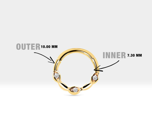 Üç Badem Pırlantalı Halka Piercing, 10 MM , 1.2 MM, 14K Sarı-Beyaz-Kırmızı Altın | LC00040D