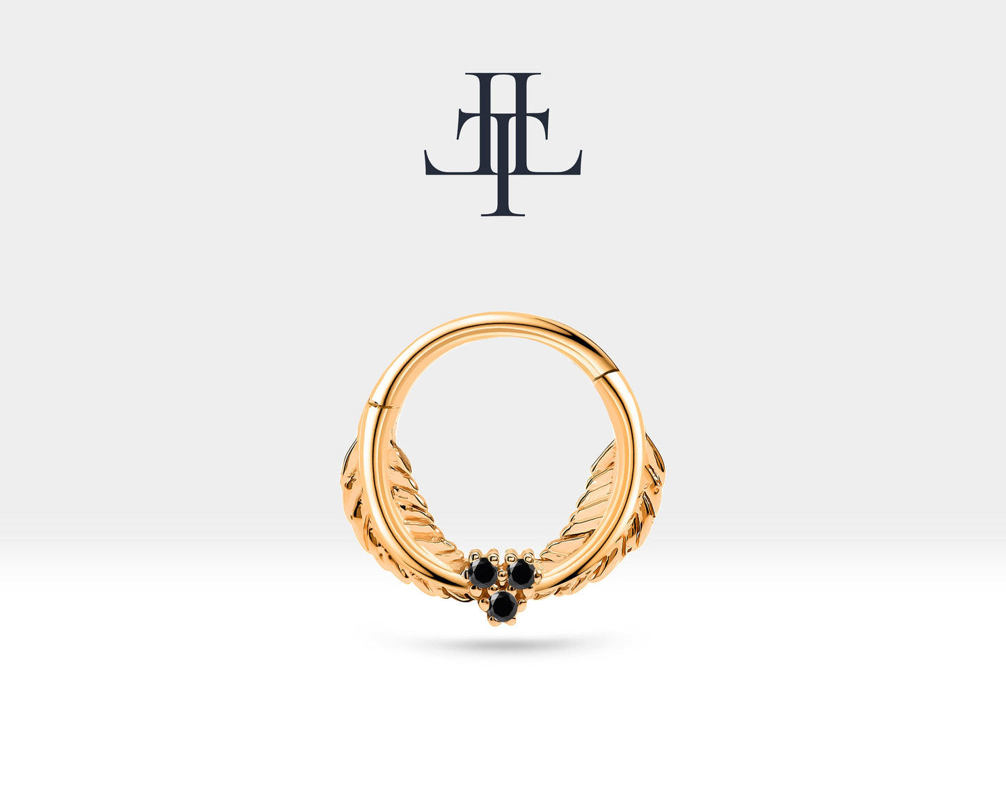 Yaprak Motifli Siyah Pırlantalı Halka Piercing, 12 MM , 1.2 MM, 14K Sarı-Beyaz-Kırmızı Altın | LC00003B
