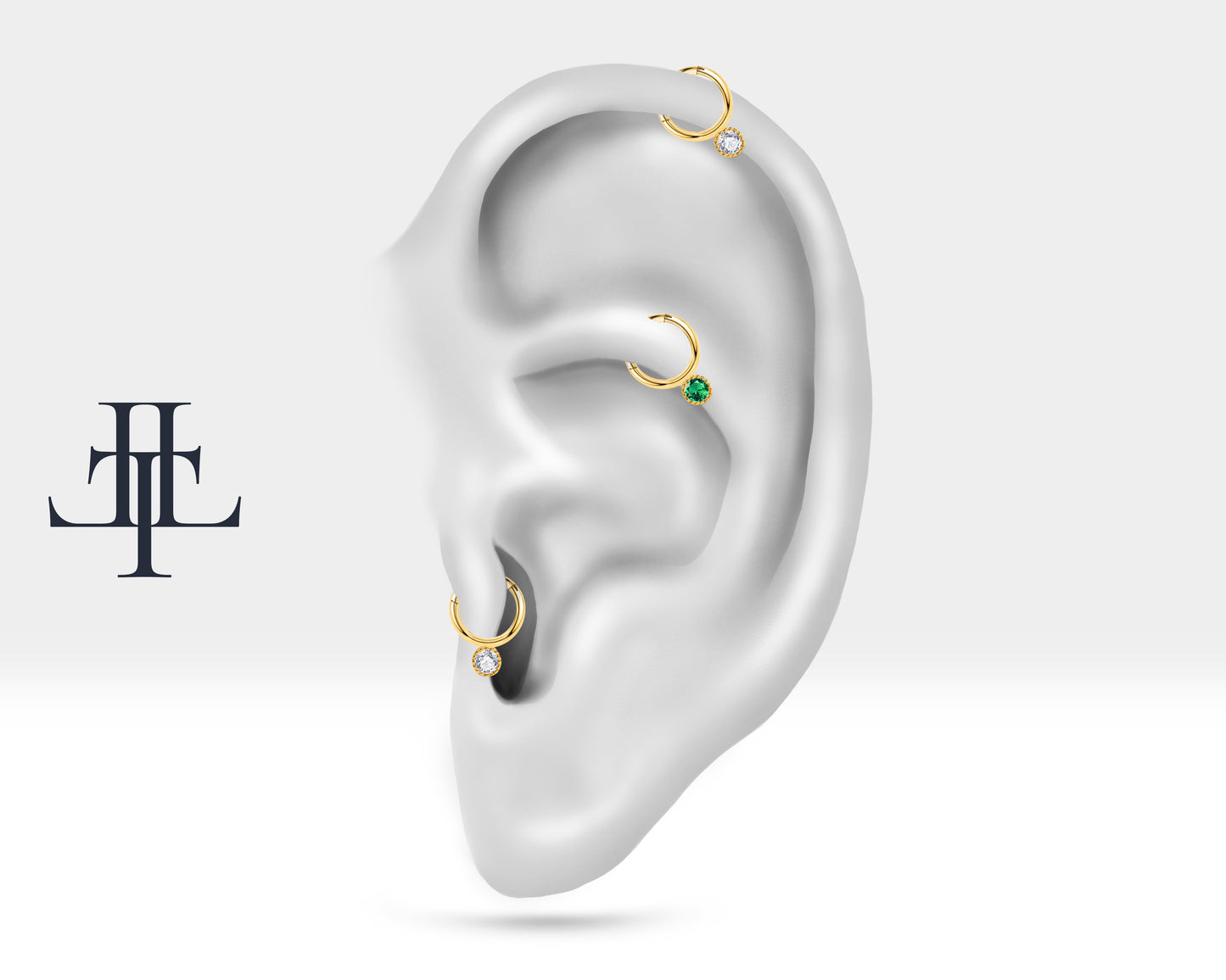 Yuvarlak Yeşil Garnetlı Halka Piercing, 10 MM , 1.2 MM, 14K Sarı-Beyaz-Kırmızı Altın | LC00051G