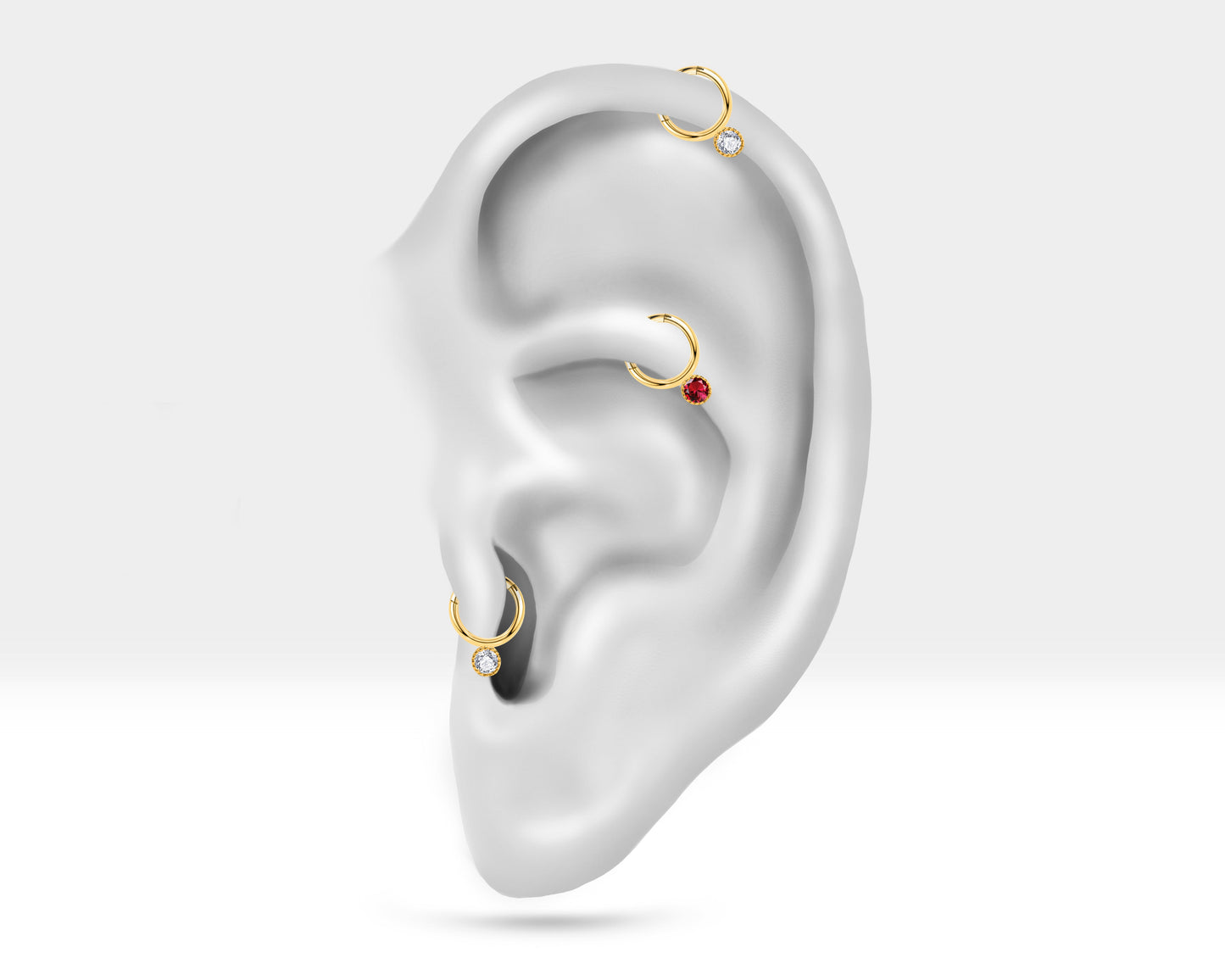 Yuvarlak Yakutlu Halka Piercing, 10 MM , 1.2 MM, 14K Sarı-Beyaz-Kırmızı Altın | LC00051R