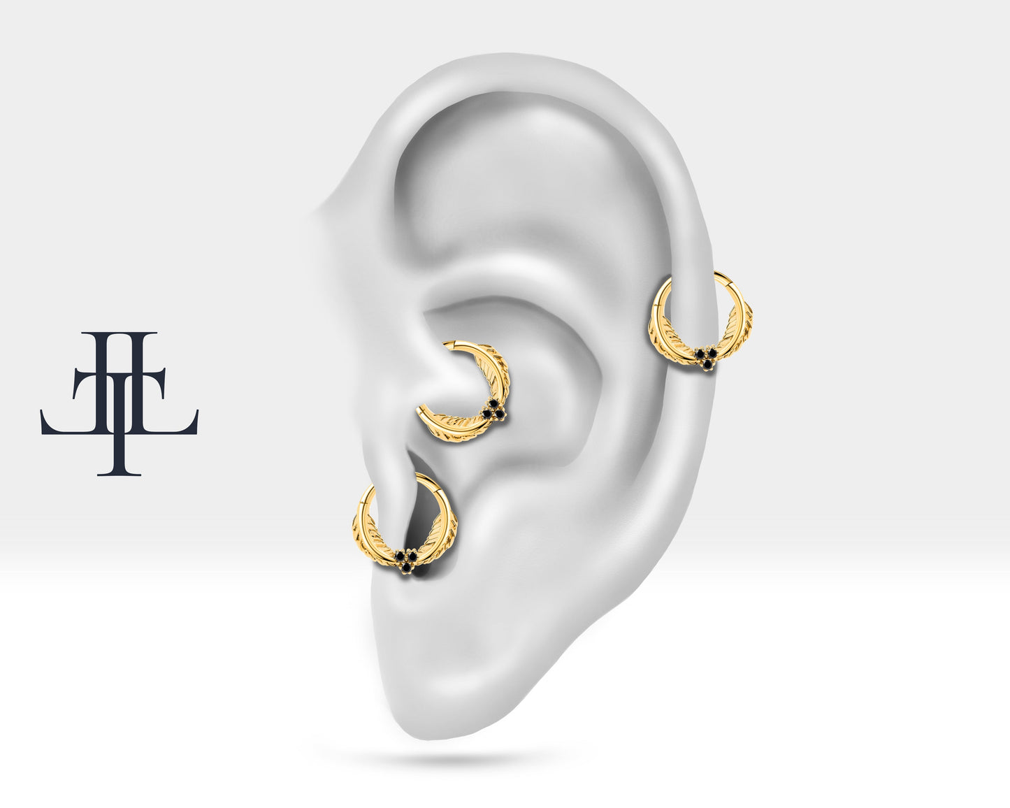 Yaprak Motifli Siyah Pırlantalı Halka Piercing, 12 MM , 1.2 MM, 14K Sarı-Beyaz-Kırmızı Altın | LC00003B