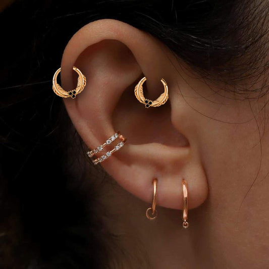 Yaprak Motifli Siyah Pırlantalı Halka Piercing, 12 MM , 1.2 MM, 14K Sarı-Beyaz-Kırmızı Altın | LC00003B