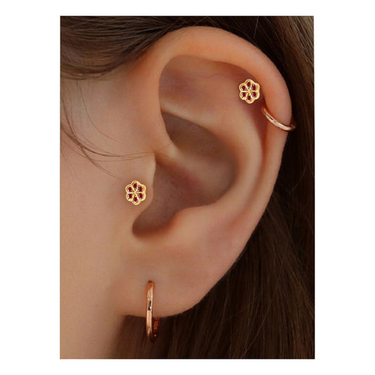 Çiçek Yakutlu Piercing, 8 MM , 1.2 MM, 14K Sarı-Beyaz-Kırmızı Altın | LP00038R