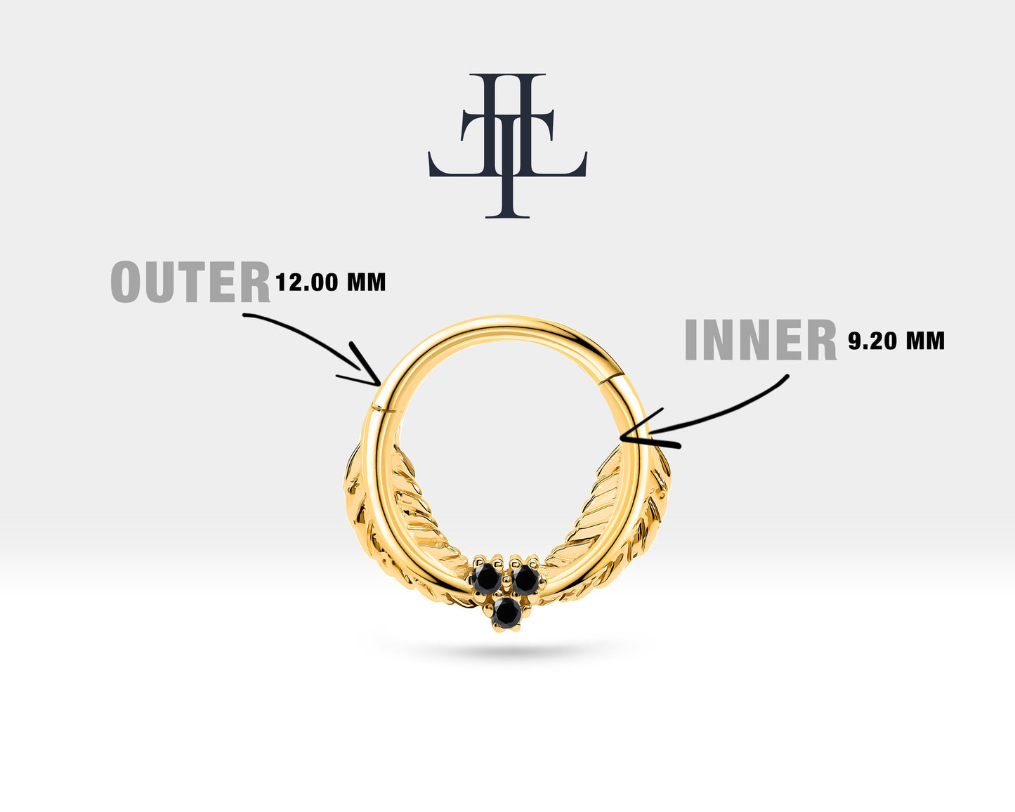 Yaprak Motifli Siyah Pırlantalı Halka Piercing, 12 MM , 1.2 MM, 14K Sarı-Beyaz-Kırmızı Altın | LC00003B