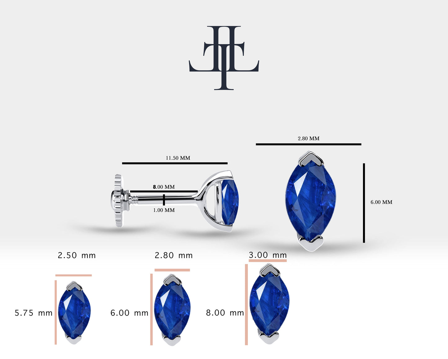 Markiz Safir Piercing, 8 MM , 1.2 MM, 14K Sarı-Beyaz-Kırmızı Altın | LP00022S
